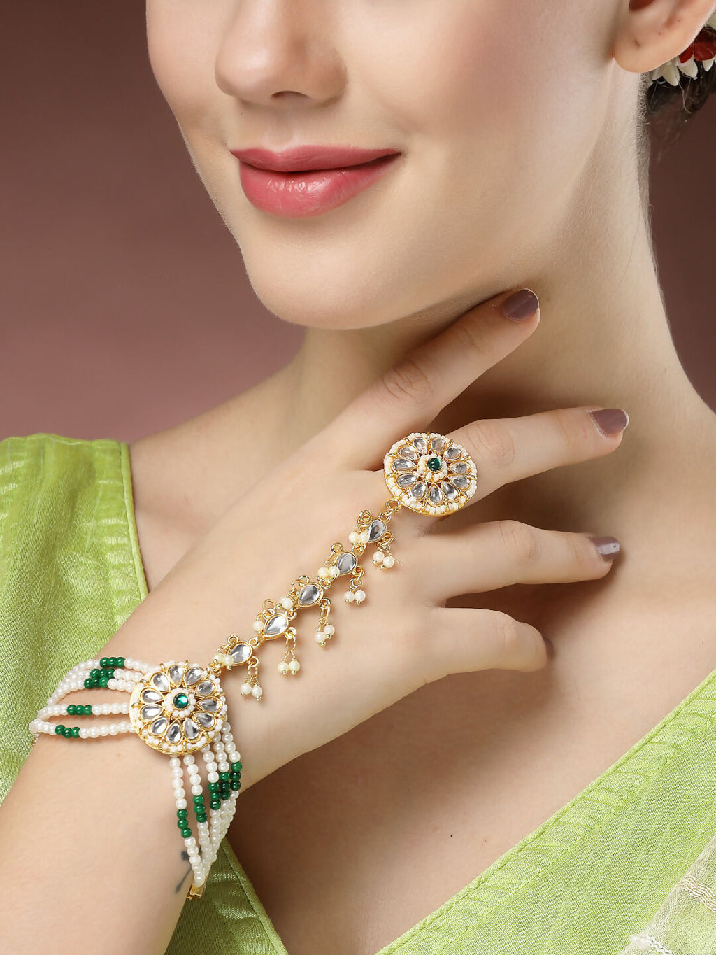 NVR Women's Green Gold-Polished Stone Studded Handcrafted Ring Bracelet
