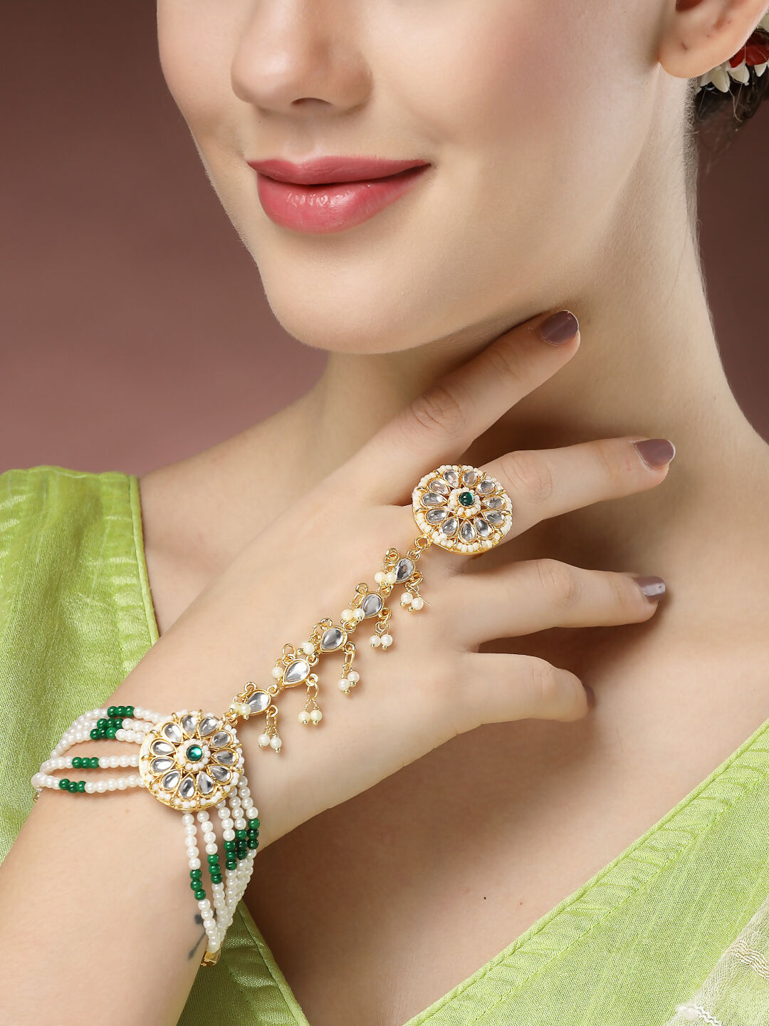 NVR Women's Green Gold-Polished Stone Studded Handcrafted Ring Bracelet