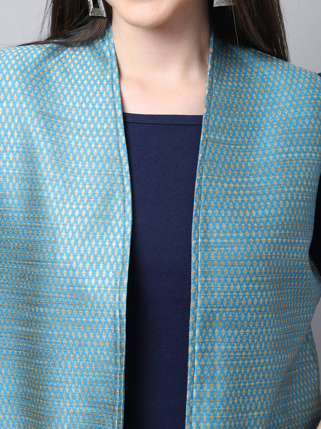 Even Apparels Blue Bansari Silk Open Front Women's Long Coat