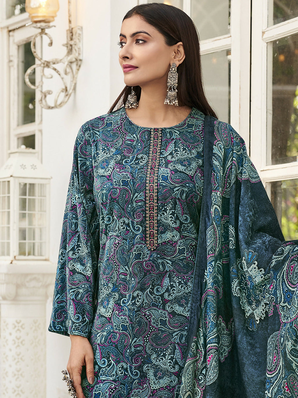 Jyoti Fashion Women's Navy Blue Velvet Digital Print with Resham Thread work Kurta with Trouser & Dupatta