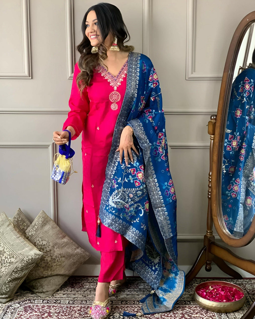 Partywear Designer Viscose Chanderi Red Stitched Suit With Dupatta - Anbazaar