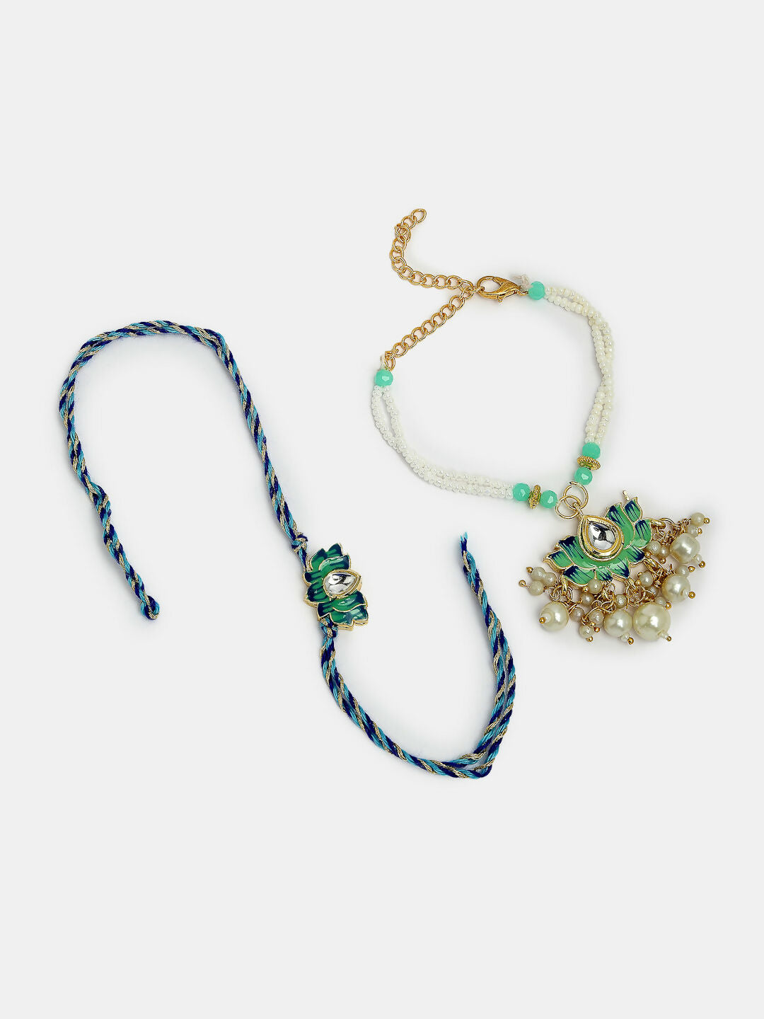 NVR Women & Men Set of 2 Turquoise Blue Lotus Shape Kundan-Studded & Beaded Rakhi Set With Roli Chawal & Chocolate