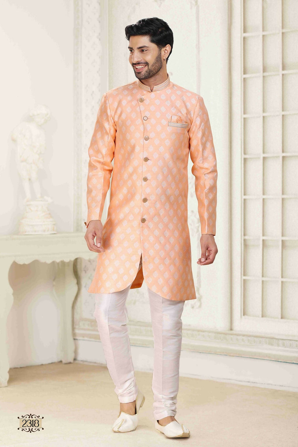 Raivat Ethnic Banarasi Jacquard Embroidery Semi Indo Western Sherwani In Peach Colour