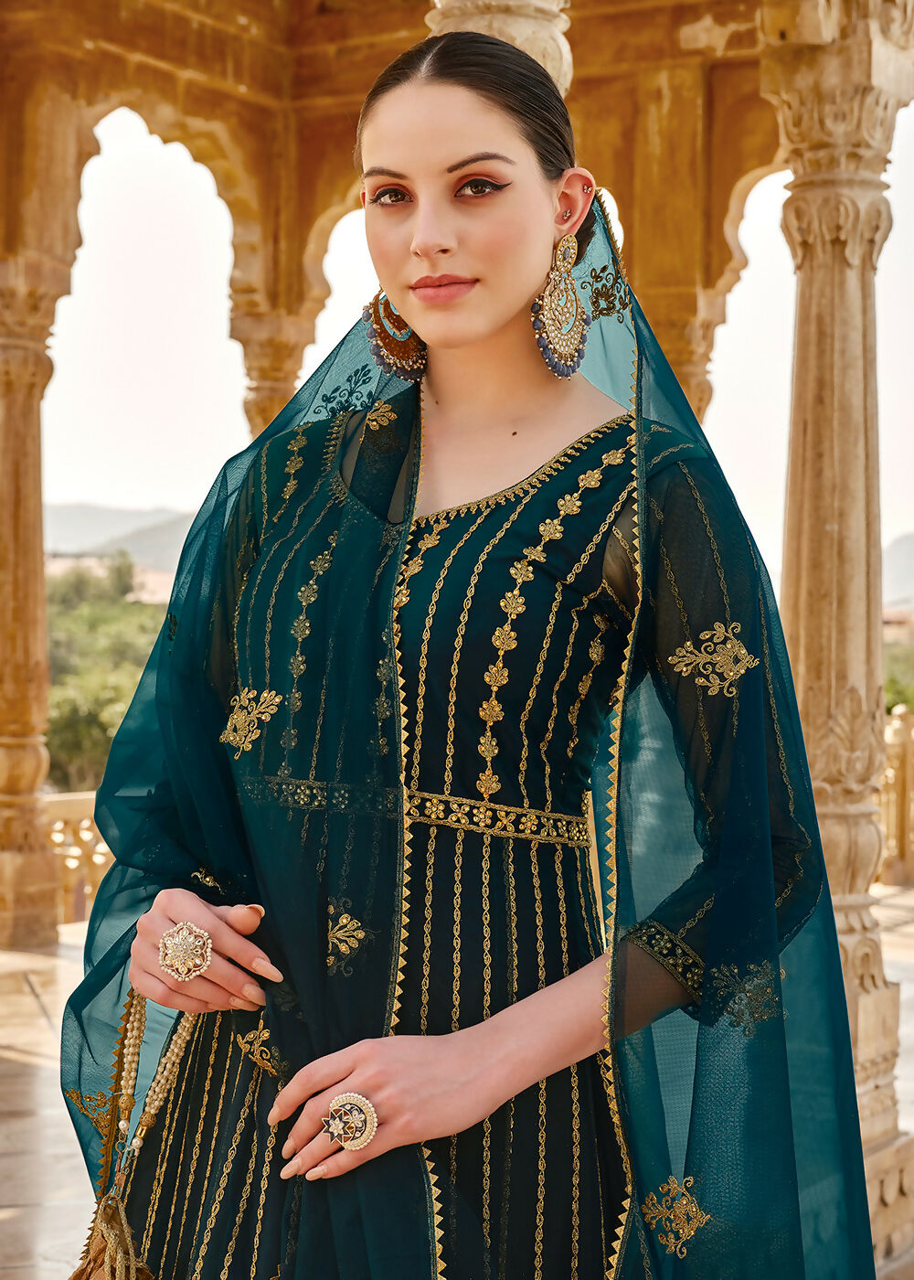 Heavy Stone Embroidered Peacock Blue Designer Anarkali Suit - Emponline