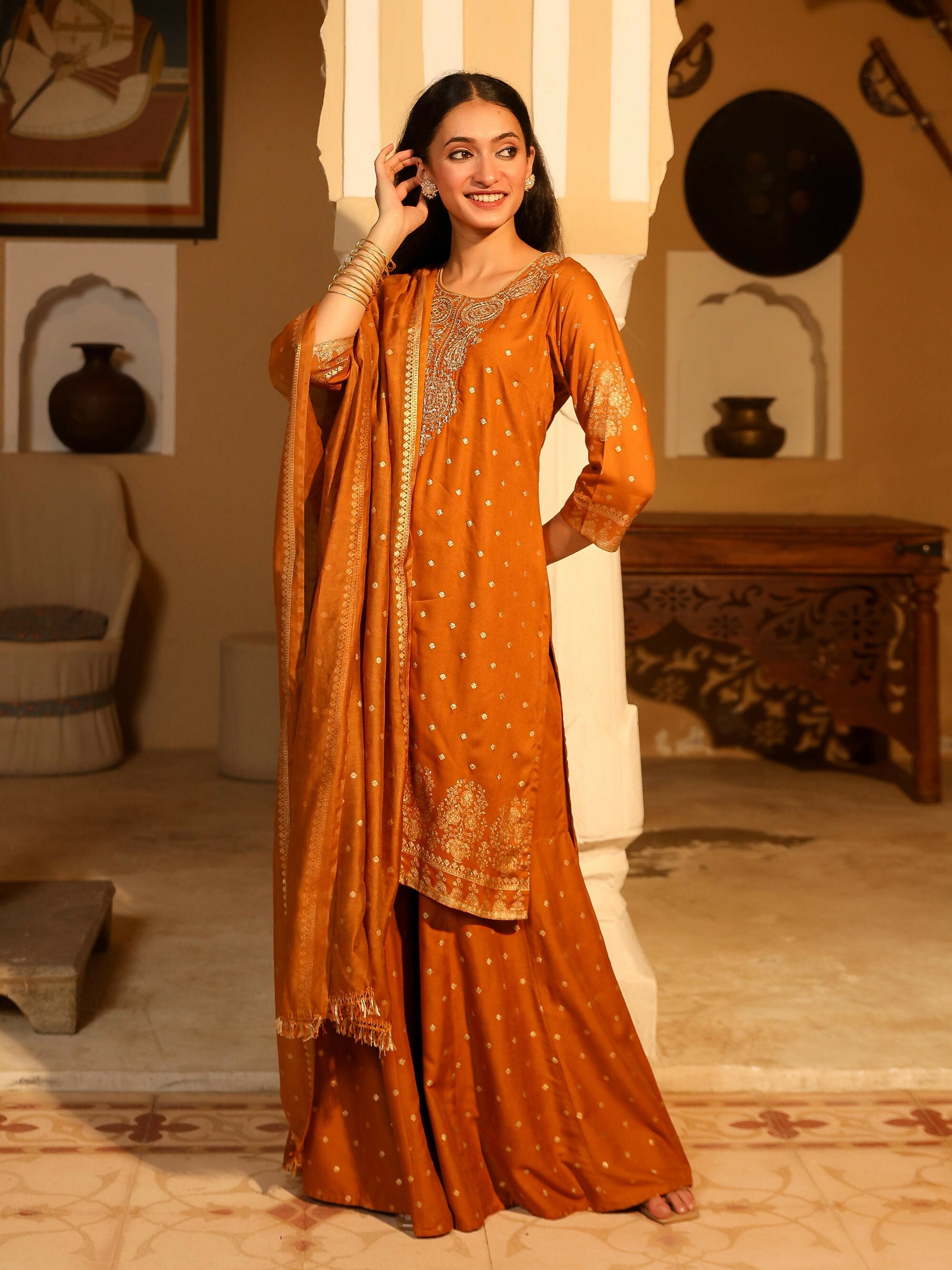 Juniper Women's The Swarn Mustard Ethnic Motif Printed Rayon Kurta Pant And Dupatta With Zari Work & Sequins