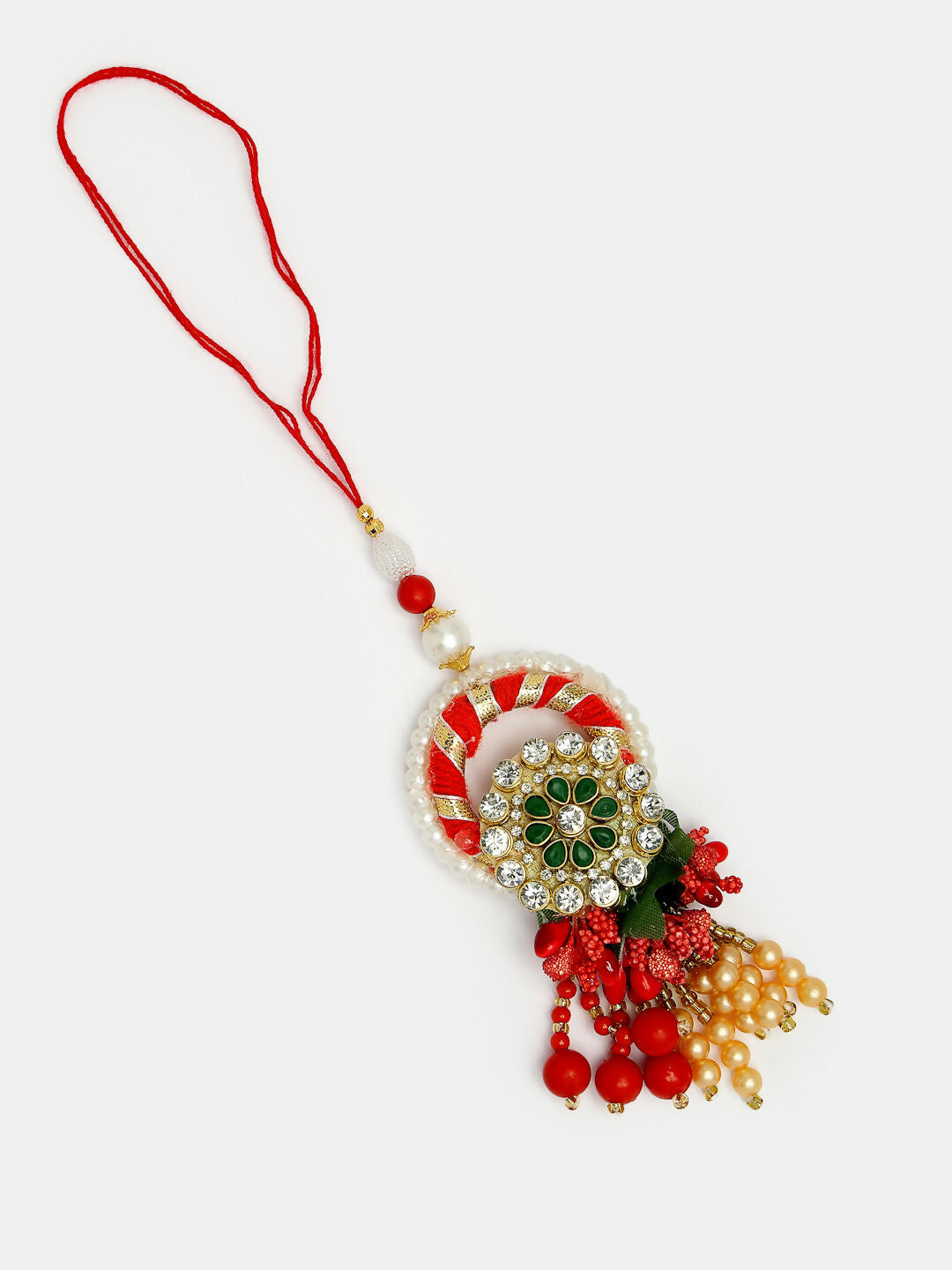 NVR Women & Men Set of 2 Red & Gold Toned Stone-Studded & Beaded Bhaiya Bhabhi Rakhi With Roli Chawal & Chocolate