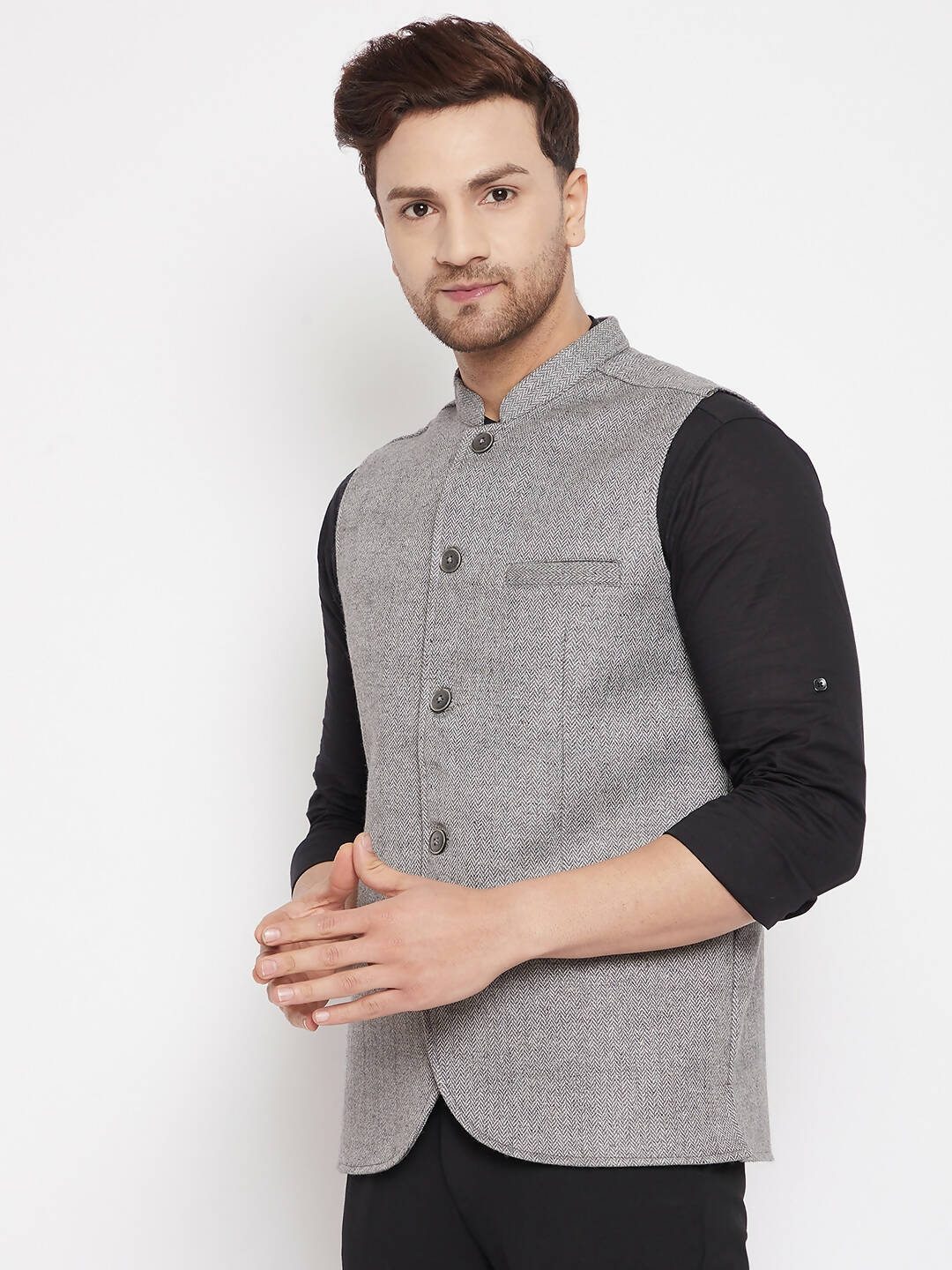 Even Apparels Grey Wool Men Woven Nehru Jacket WL730