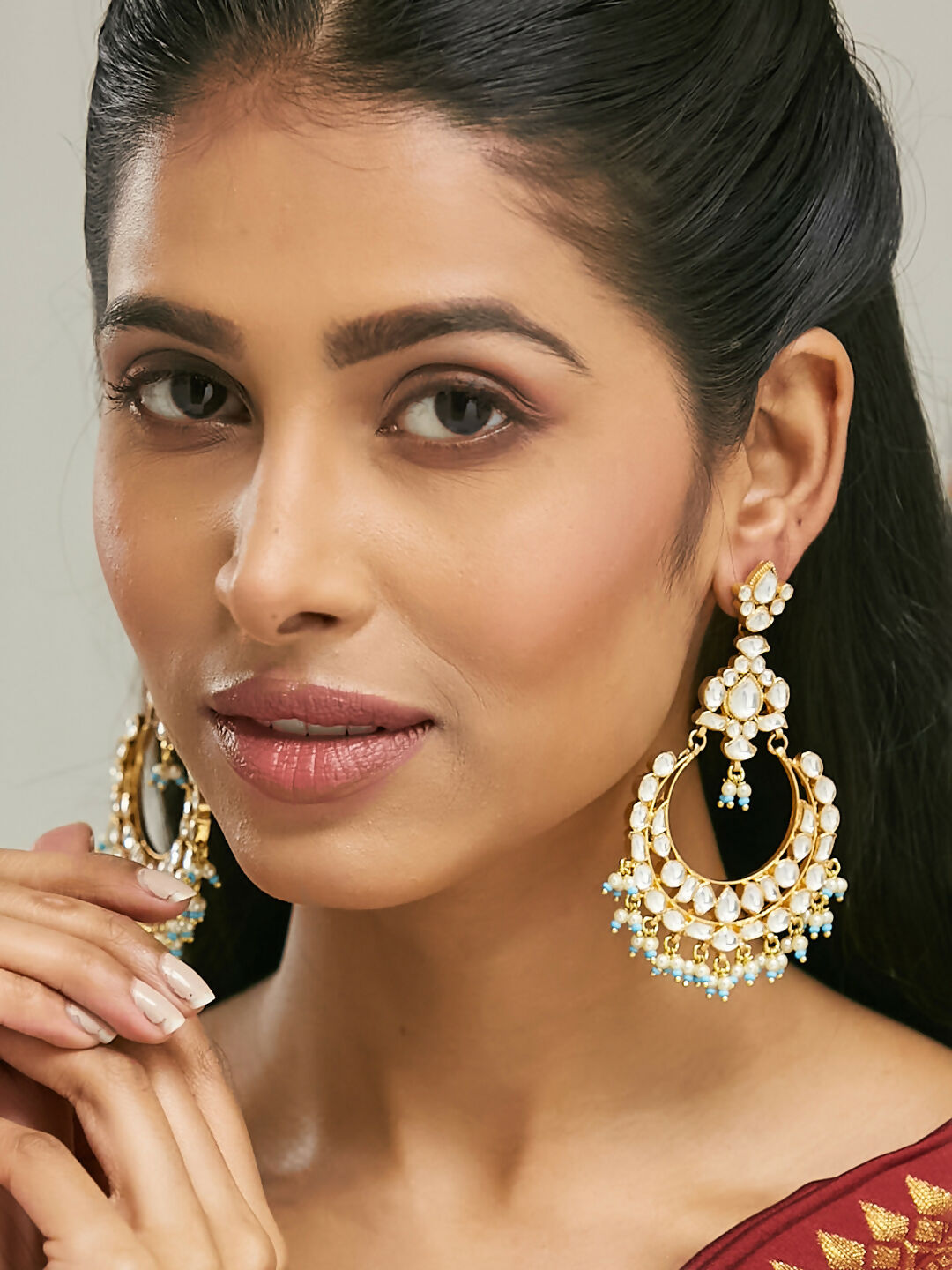 Nuyug 22K Gold-Plated Kundan Stone Studded & Pearl Beaded Chandbalis