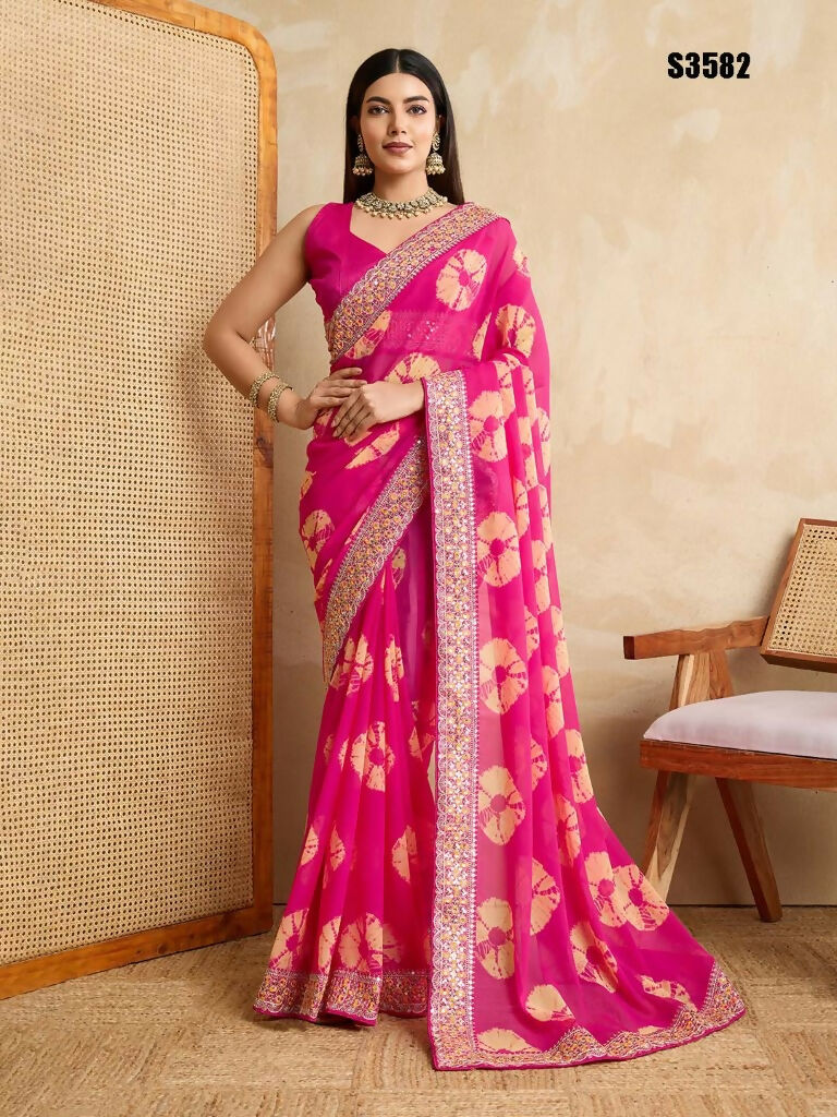 Pink Georgette Printed Designer, Embroidery Work Lace Border Saree - Aarvi
