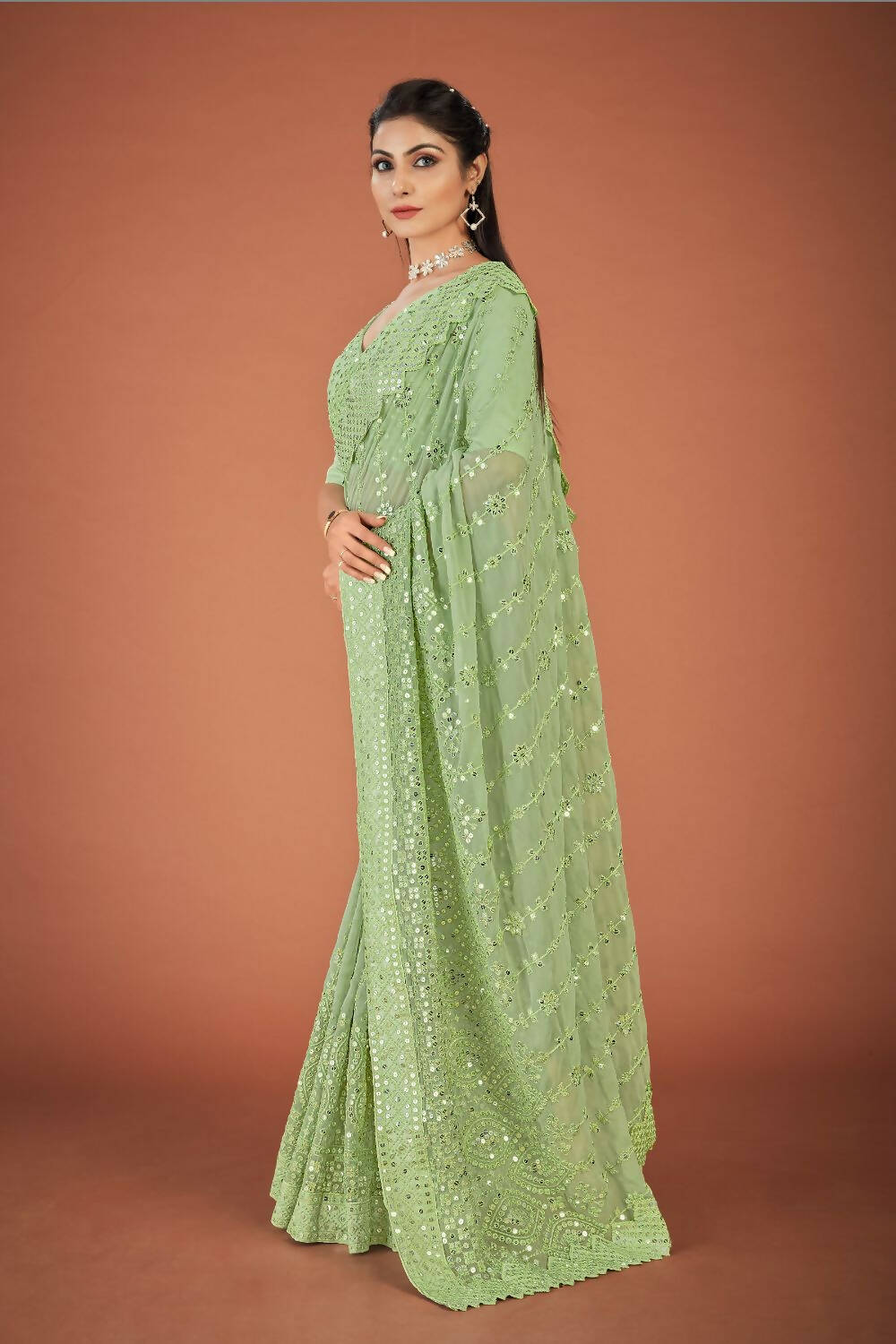 Vamsee Green Georgette Designer Saree