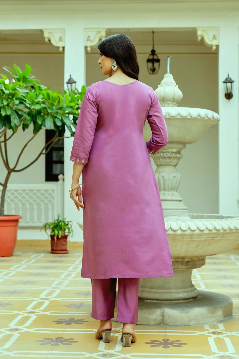 The52 Purple Women's Beautiful Embroidered Viscose Chanderi Silk Fabric with Straight Kurta, Pant and Dupatta Set