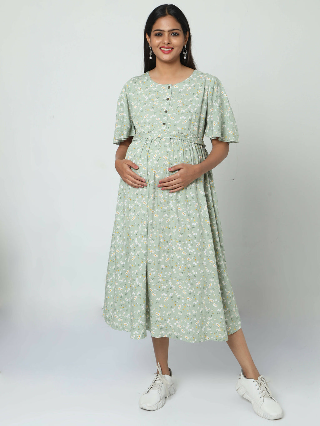 Manet Frill Slevees Maternity Dress Floral Print With Concealed Zipper Nursing Access - Green