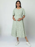 Manet Frill Slevees Maternity Dress Floral Print With Concealed Zipper Nursing Access - Green