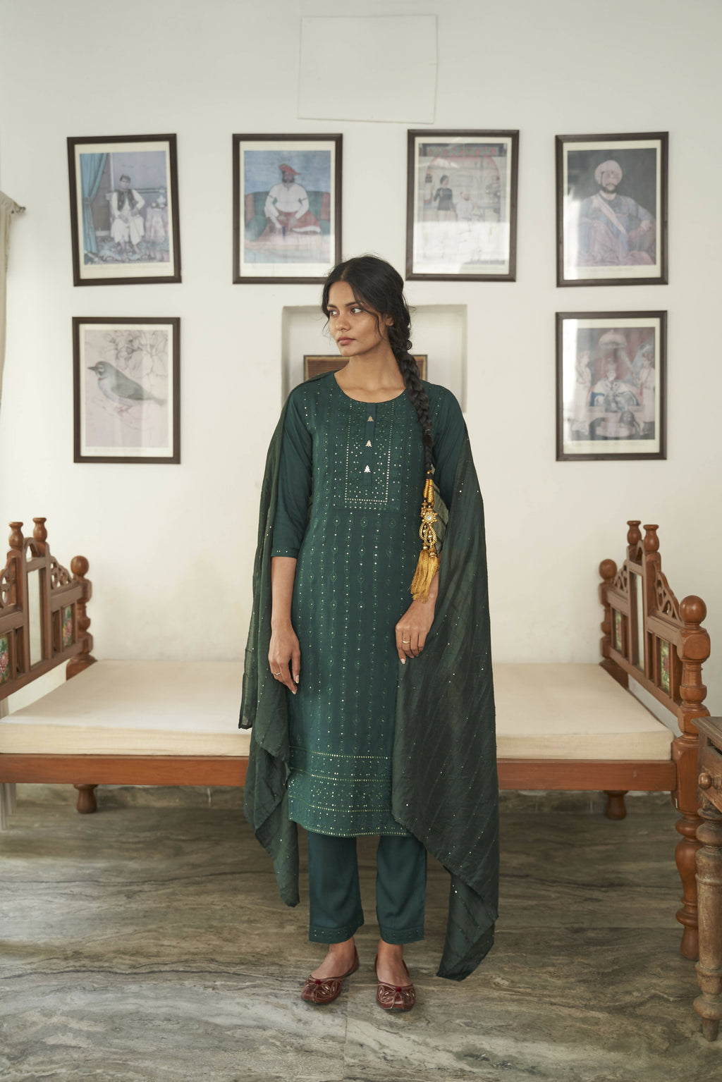 Dark Green Rayon Sequence Embroidery work Straight kurta with Pant & Dupatta - Akashara