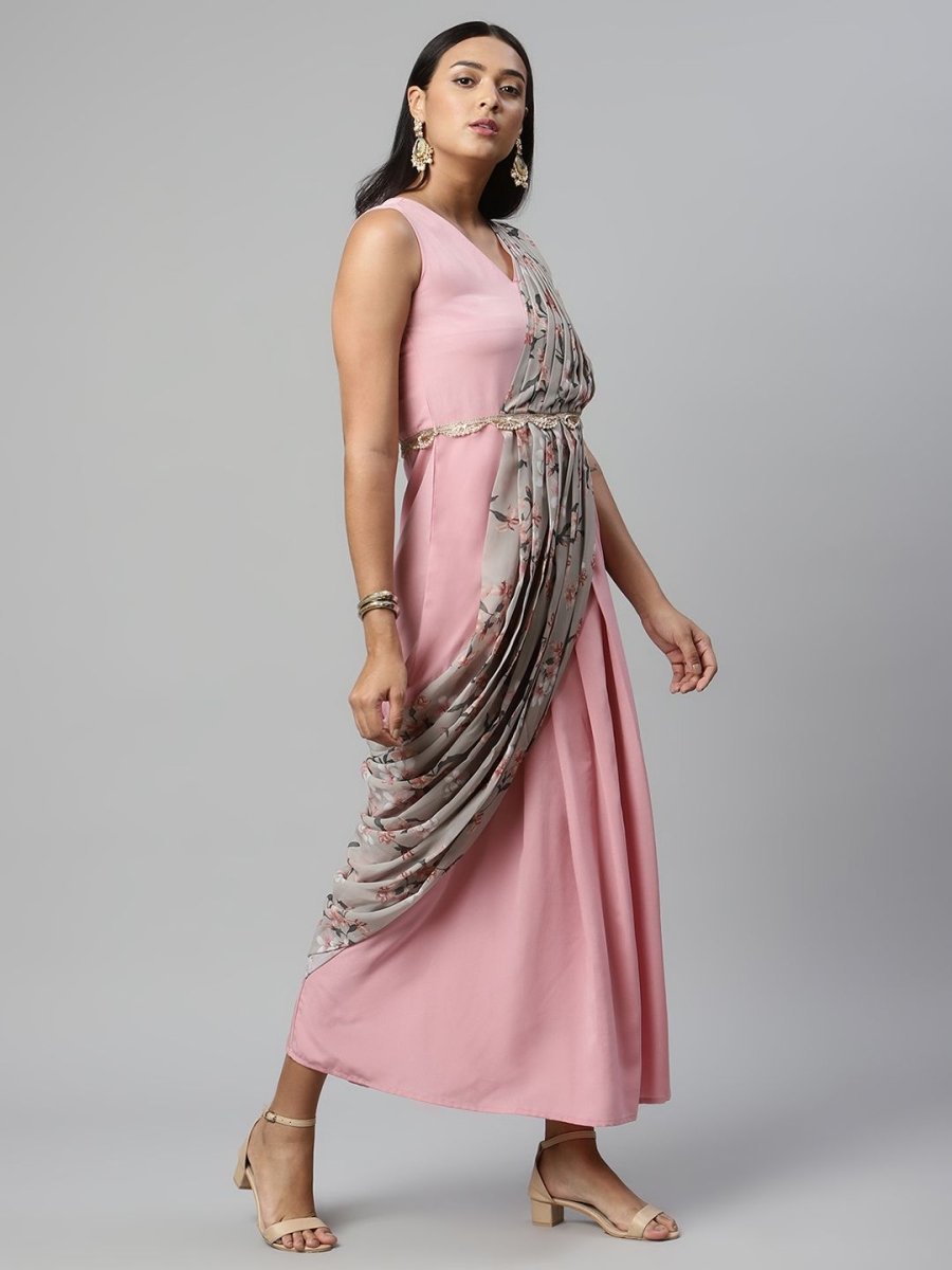 Ahalyaa Women Baby Pink Crepe Georgette Saree Dress With Printed Pallu