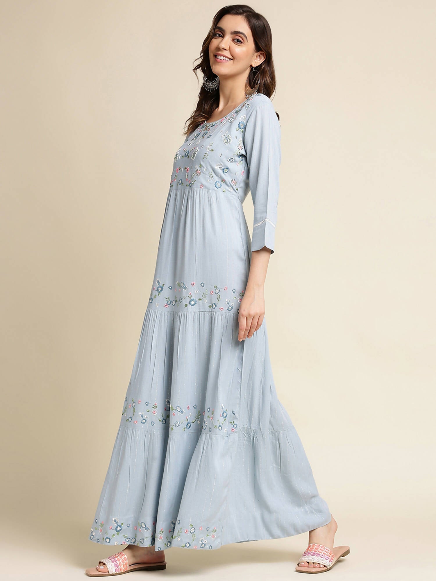 Sky Blue Chinon Floral Embroidered Dress - Nandani