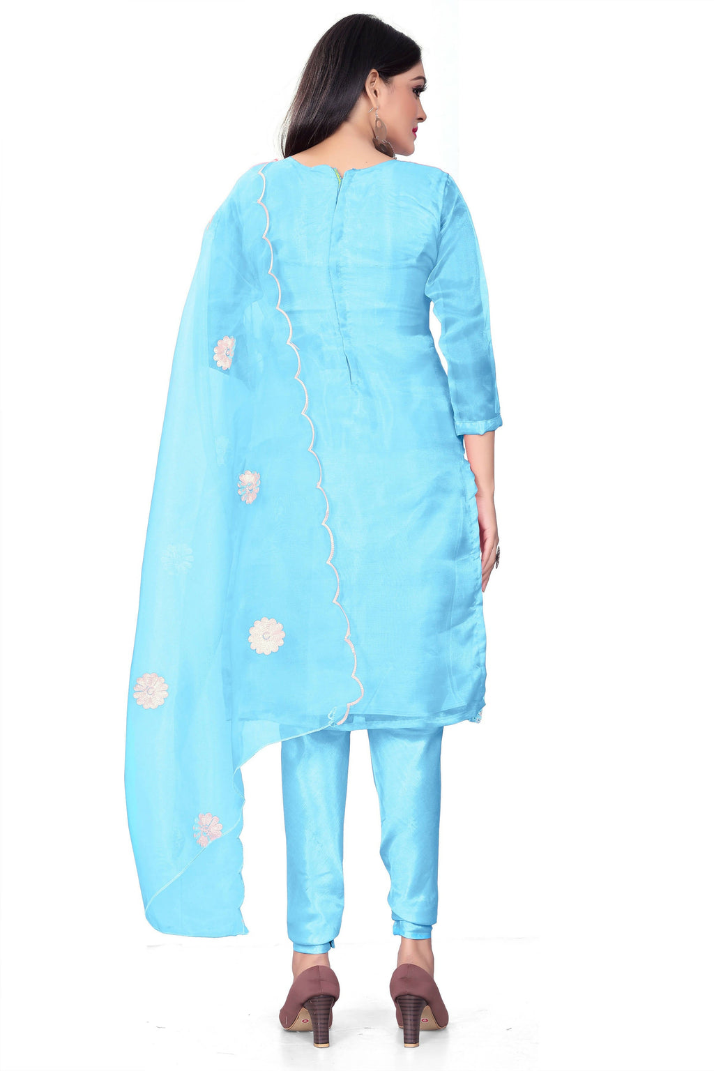 Sky Blue Organza Silk Embroidered Work Unstitched Dress Material - Tanvi
