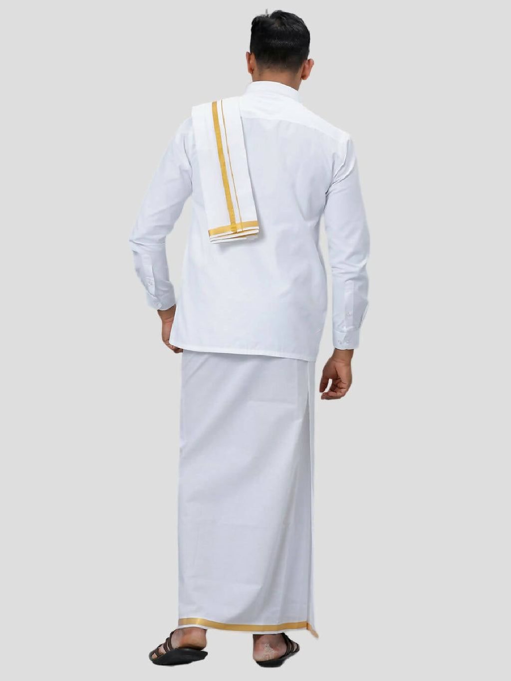 Ramraj Cotton Mens 1/4 " Poly Cotton Gold Jari Dhoti And Towel Set - White