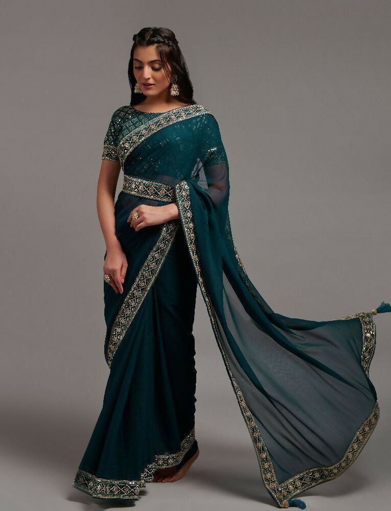 PR Fashion Petrol Zometo Embroidery Lace Saree