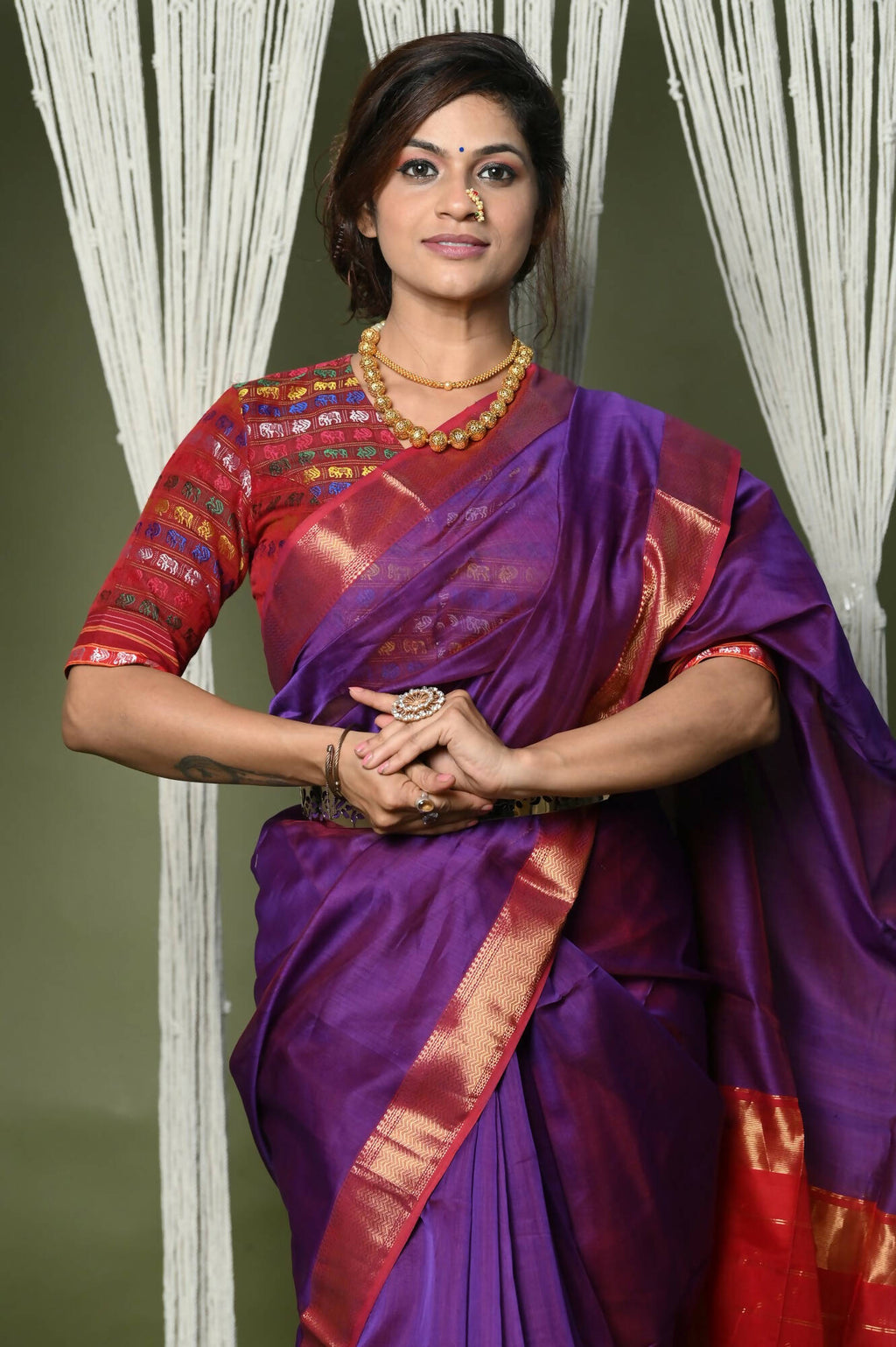 Very Much Indian Handloom Cotton Silk Maheshwari Saree With Sleek Golden Border - Purple
