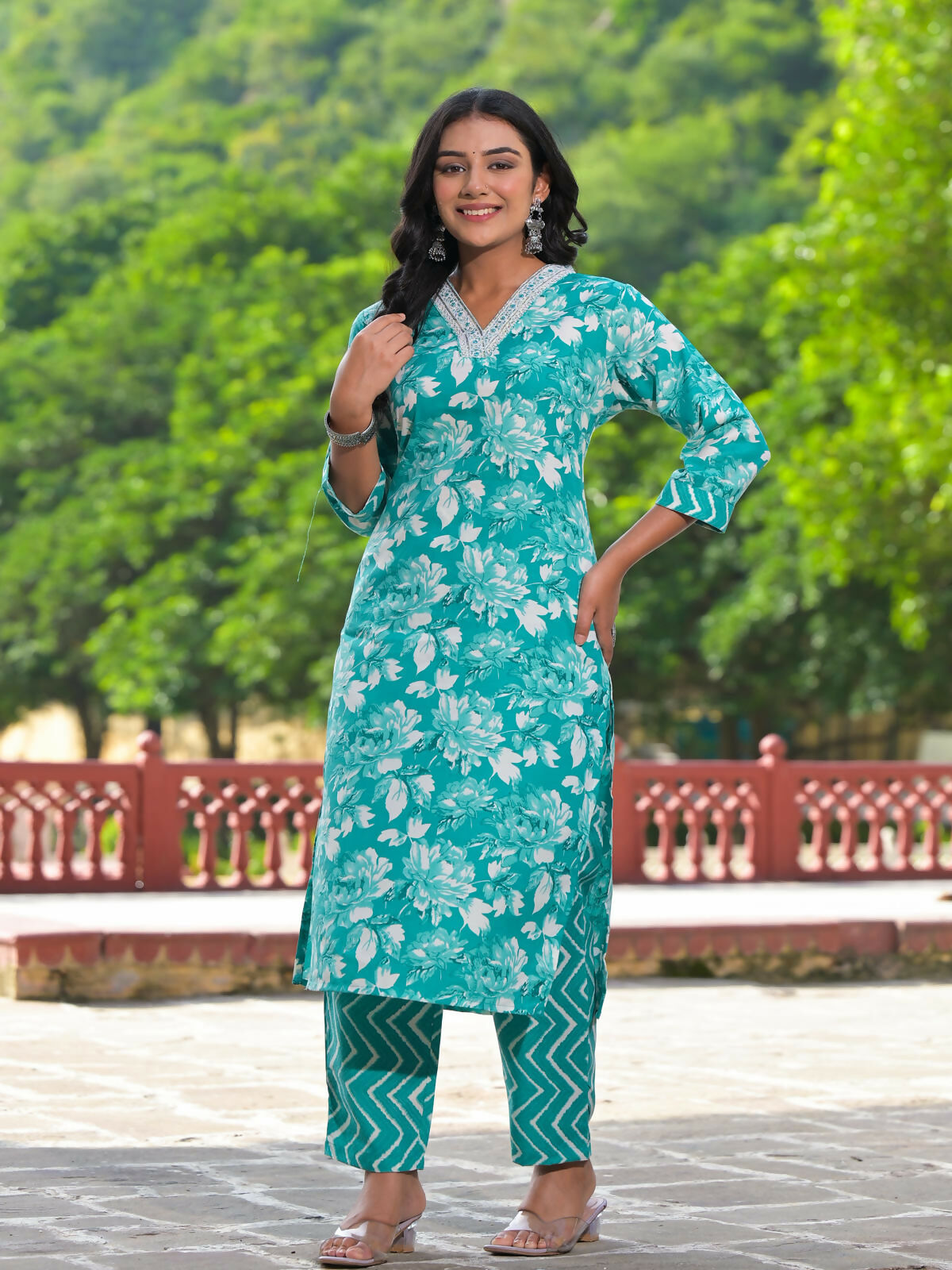 Juniper Women's Rama Green Floral Printed Cotton Kurta Pant With Dupatta Set With Mirror Work & Zari Work