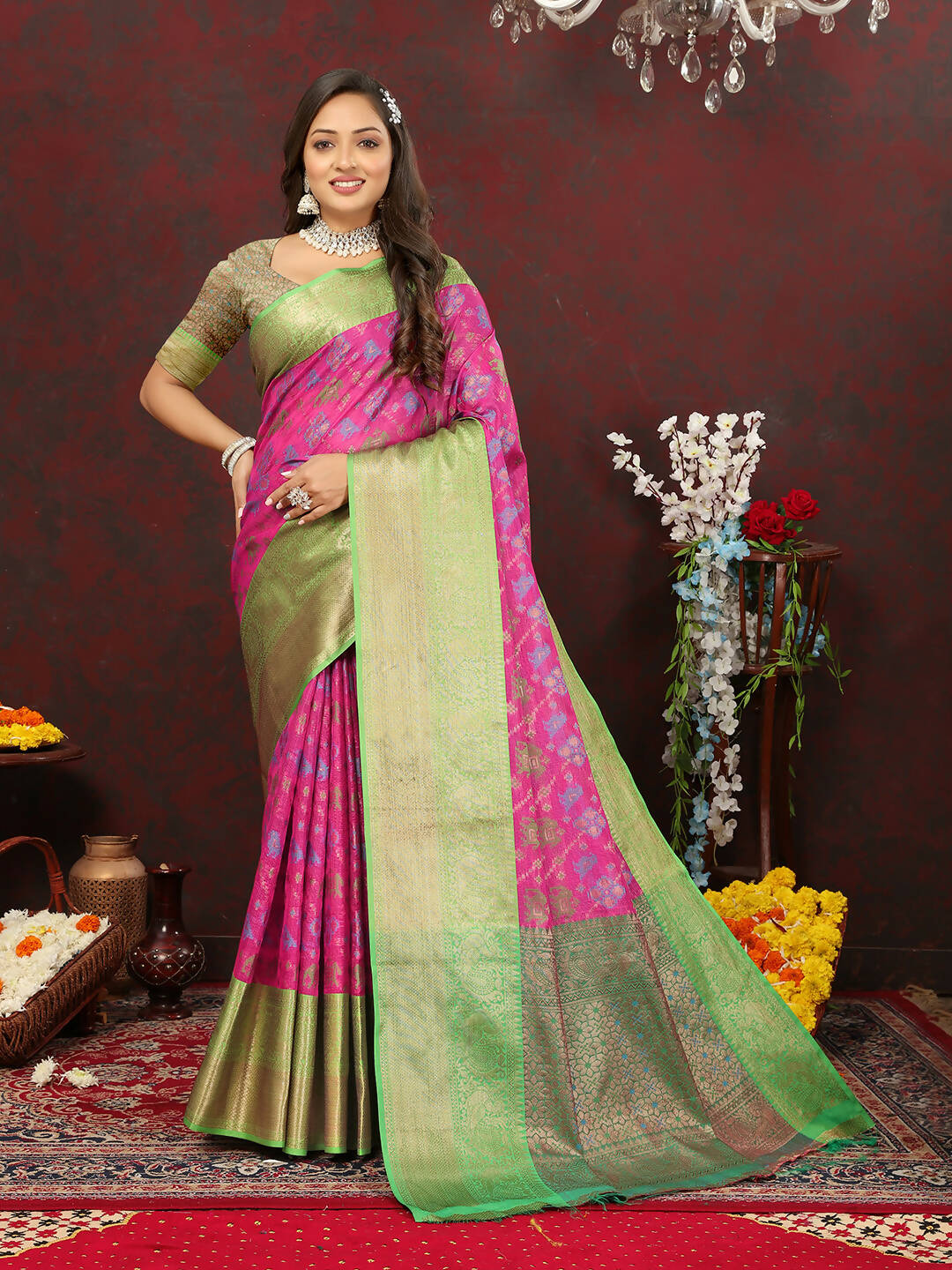 Lorenvalley Fashion Pink Cotton Woven Design Zari Meenakari Weaving Saree