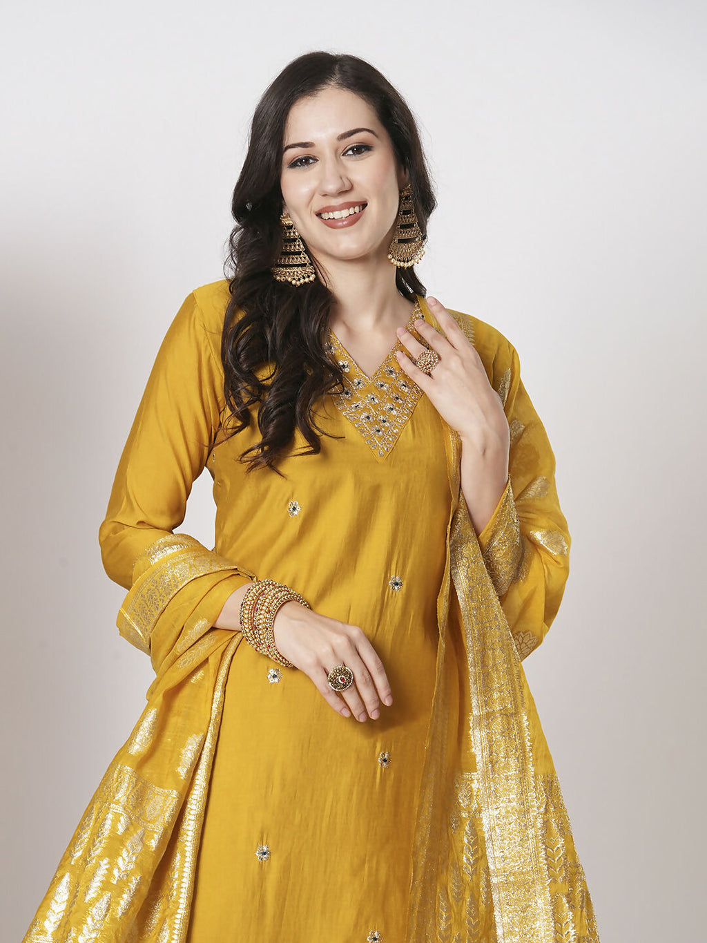 Yellow PV Chanderi Embroidery Work Kurta Set - Riya