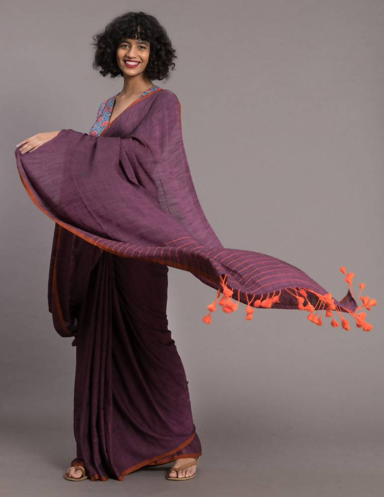 Suta Purple Orange Solid Cotton Blend Saree