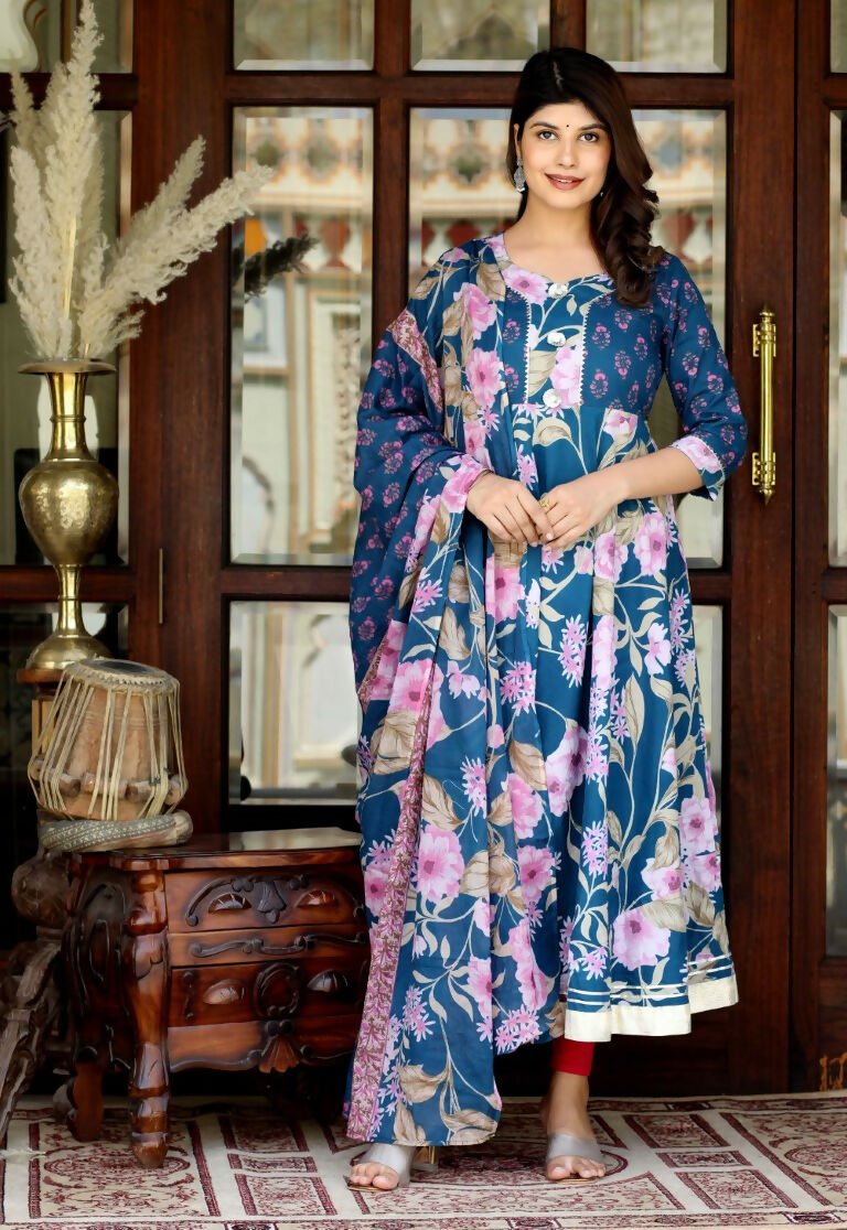 Miravan Women's Flower Printed Blue Anarkali Kurta And Dupatta
