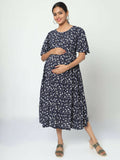Manet Frill Slevees Maternity Dress Floral Print With Concealed Zipper Nursing Access - Navy