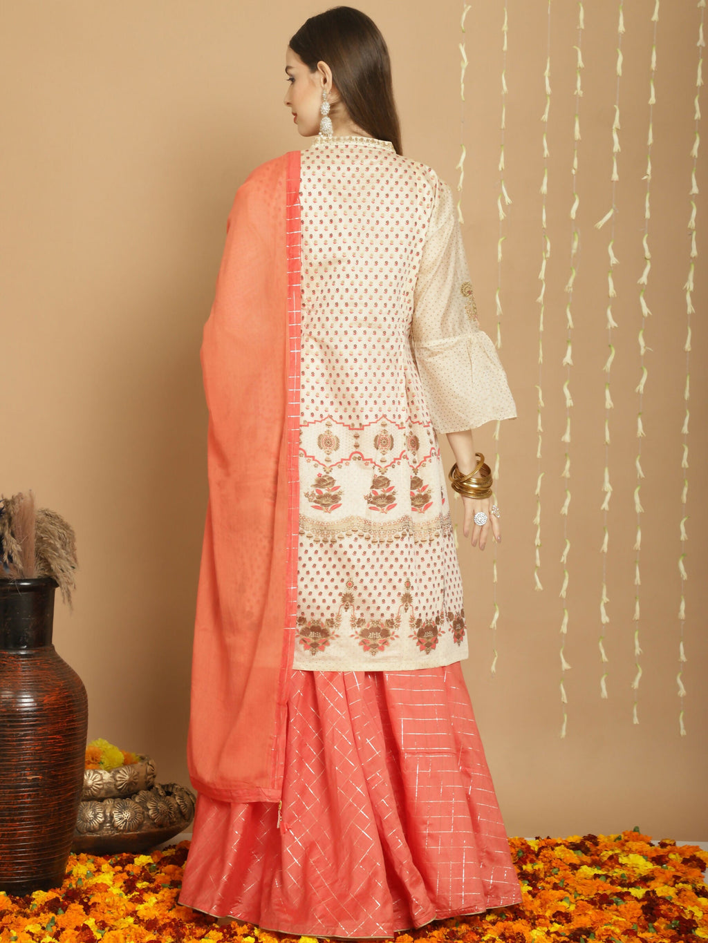 Jyoti Fashion Women's Cream Chanderi Silk Elegant Jardoshi Semi Kurta with Trouser & Dupatta