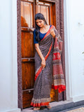 Zibaa Hand-Blocked Pure Maheshwari Silk Navy Blue Saree
