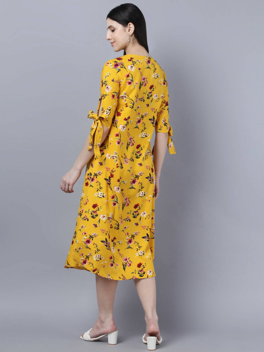 Myshka Women Yellow Floral Printed Flared Sleeves Thread Work Crepe Kurta