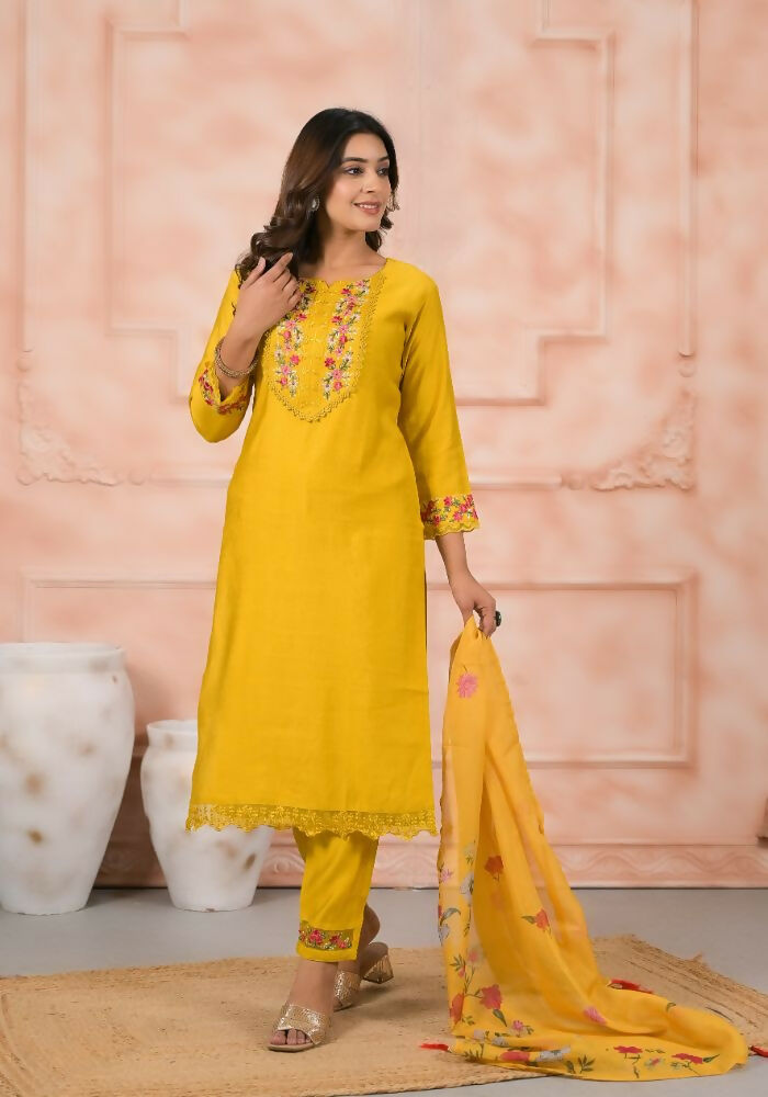 Ethnic Festive Wear Slik Yellow Stitched Suit With Dupatta - Anbazaar