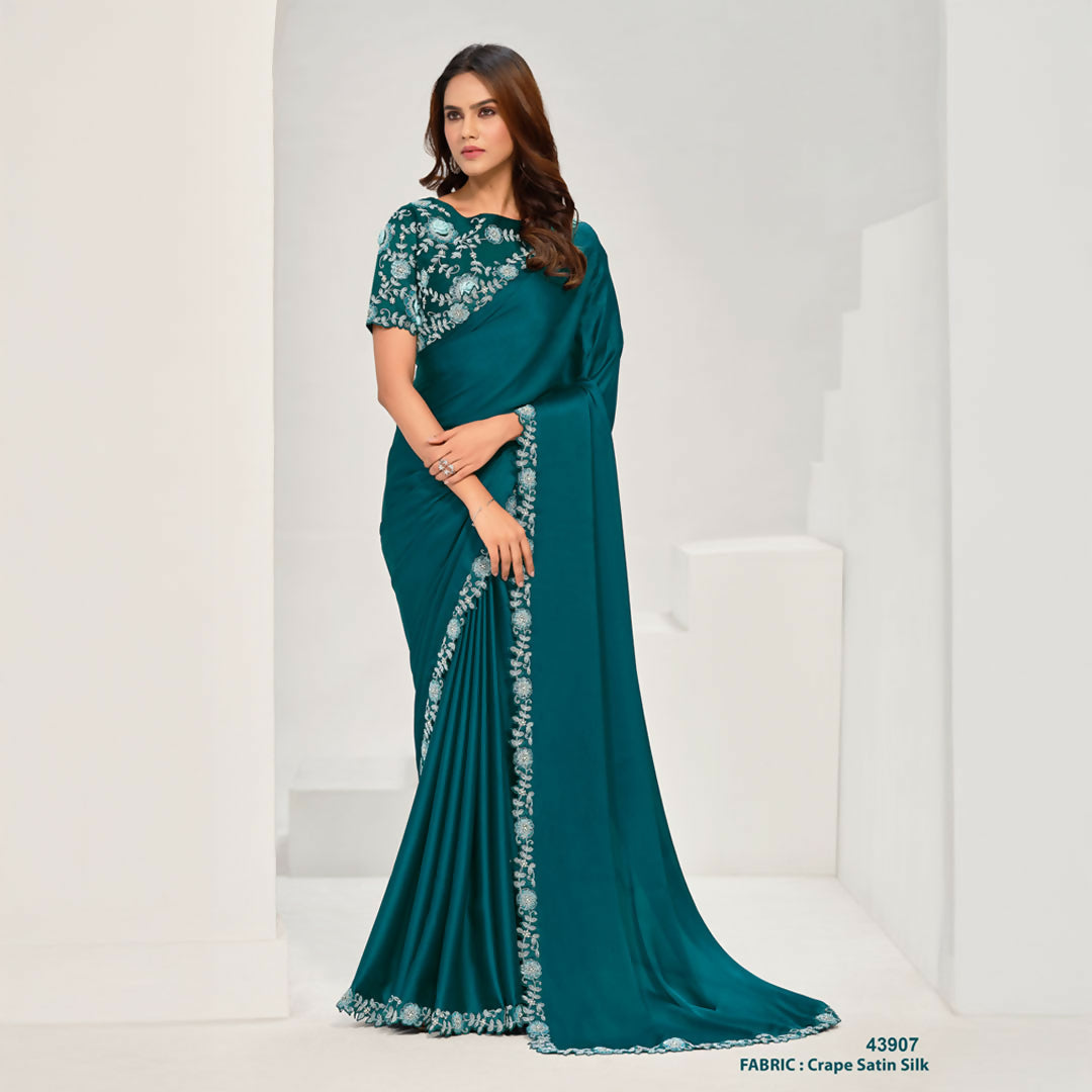 Teal Crepe Satin Silk Sequence & Applique Saree With Unstitched Blouse Piece - Norita Saanjh