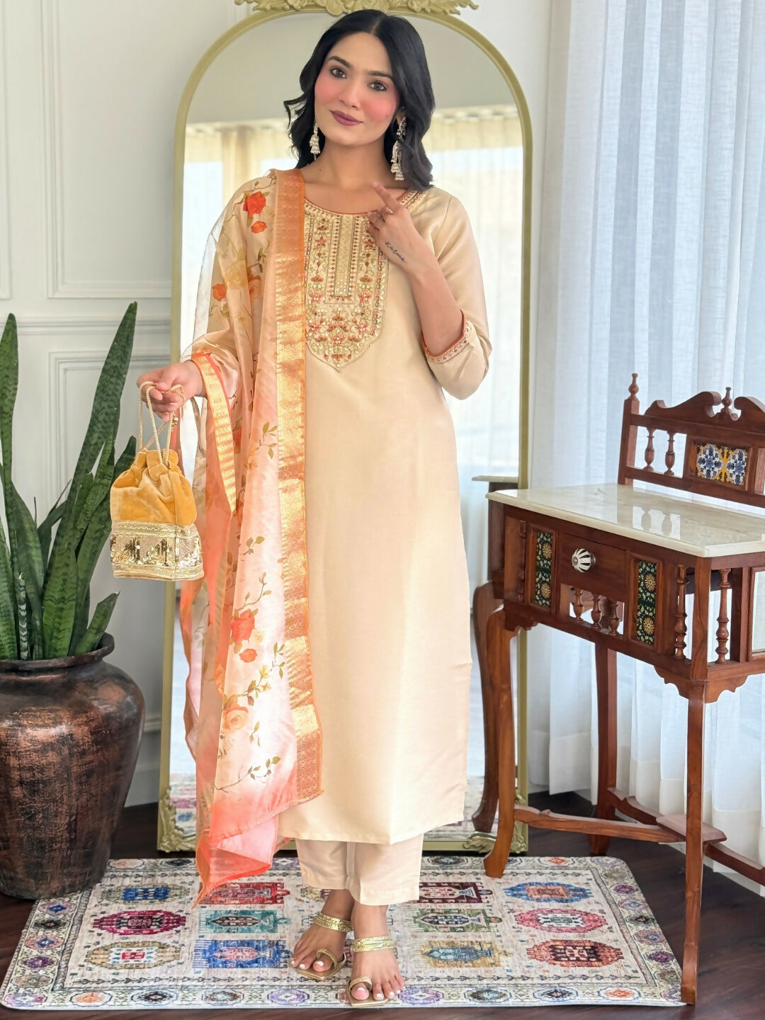 The52 Chiku Women's Beautiful Rayon Fabric Embroidered Work Straight Kurta Pant and Dupatta Set