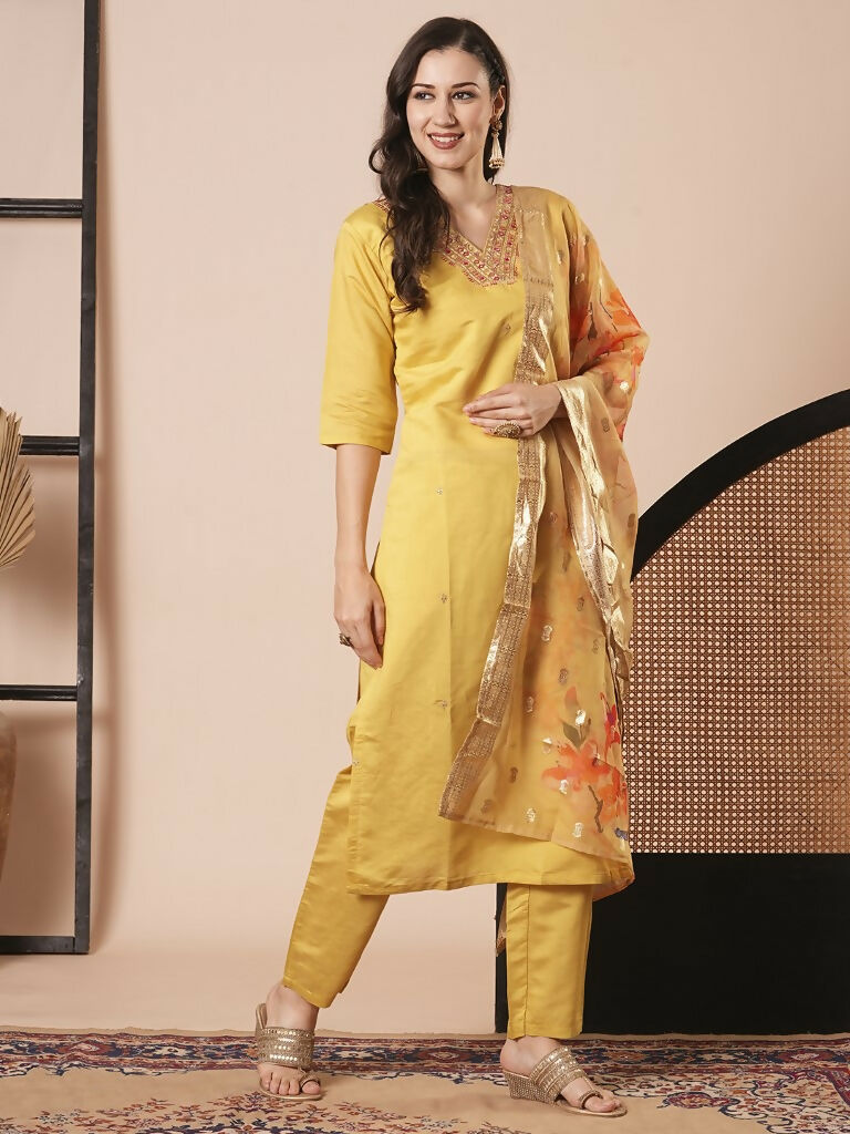 Yellow PV Chanderi Embroidery Work,Printed Kurta Set - Riya