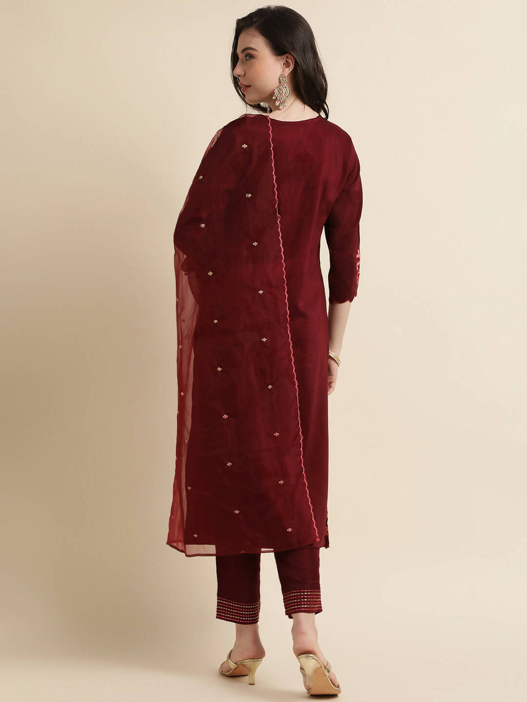 Maroon Chinon Silk Embroidered Straight Kurta with Trouser & Dupatta - Salimar