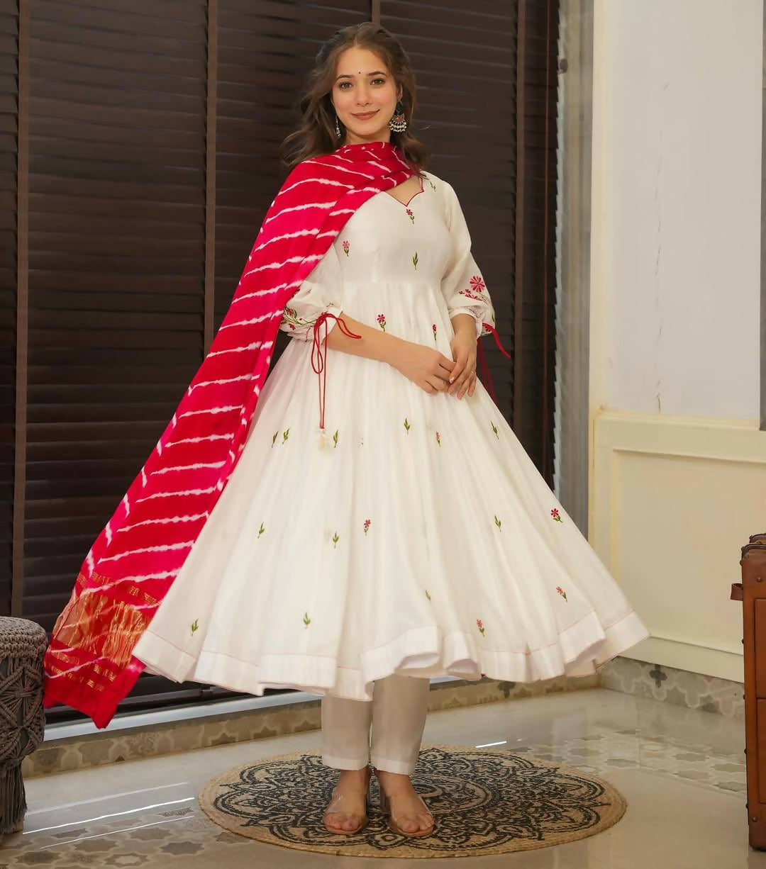 The52 Off White Women's Beautiful Chanderi Fabric Thread work Flared Anarkali with Pant And Dupatta Set