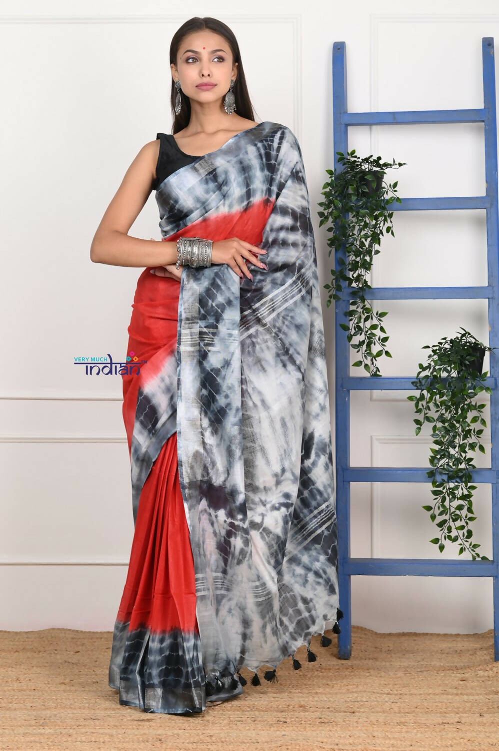 Very Much Indian Handmade Tie And Dye Cotton Saree By Women Weavers -Red Black
