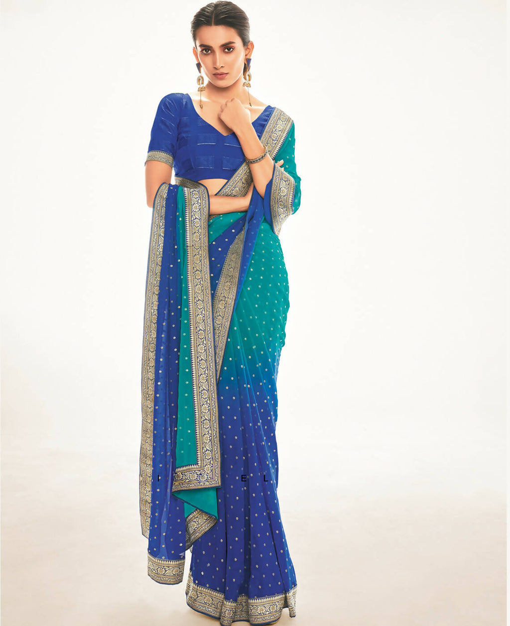Blue Georgette Foil Printed Saree With Unstitched Blouse Piece - Nitya