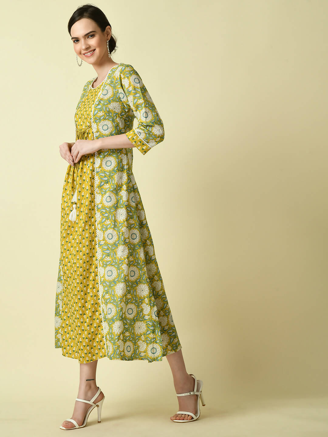 Myshka Women's Yellow Floral Printed Gown Dress