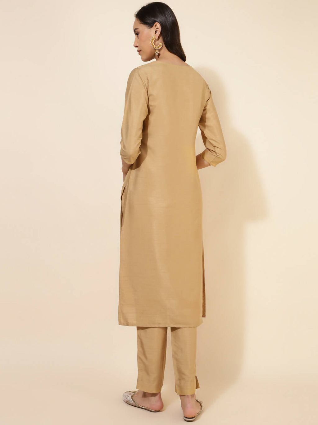 Janasya Women's Gold Crepe Silk Yoke Embroidery Festive Straight Kurta Set