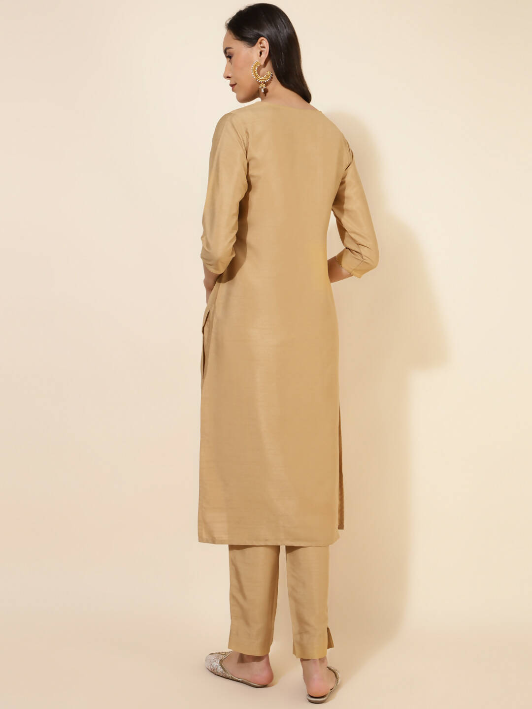 Janasya Women's Gold Crepe Silk Yoke Embroidery Festive Straight Kurta Set