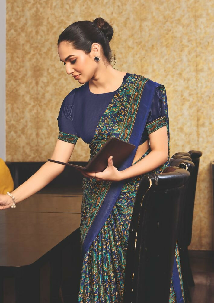 Joban Fashion Blue Crepe Silk with Traditional Print Saree