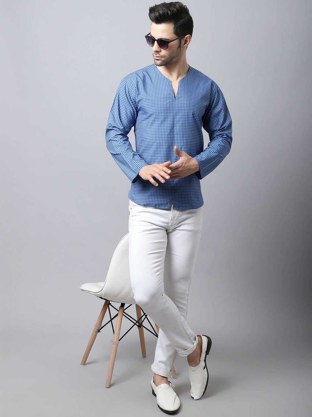 Even Apparels Blue Checked Men's Kurta With Band Collar