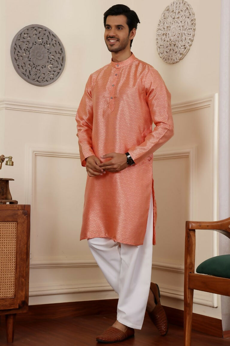 Orange Viscose Woven Jacquard Work Men's Rajwadi Kurta Set - Mahotsav