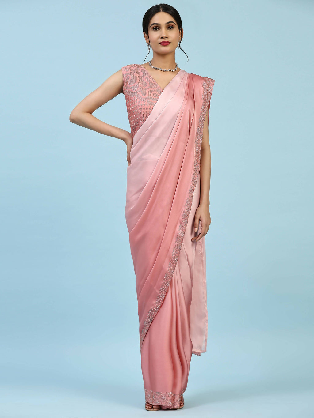 Peach Ombre Satin Georgette Plain Ready to wear Saree with stitched Blouse - Vrinda