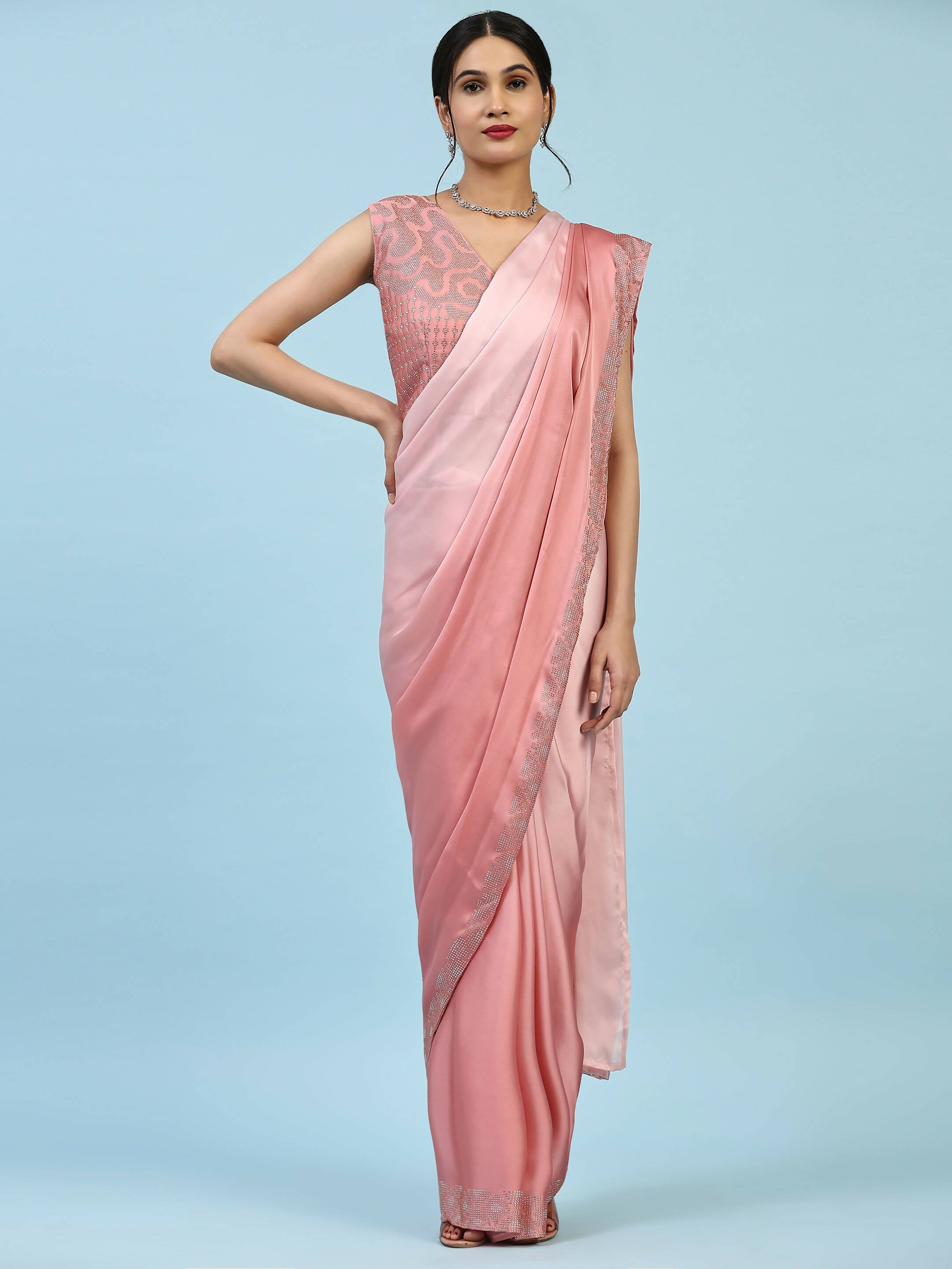 Peach Ombre Satin Georgette Plain Ready to wear Saree with stitched Blouse - Vrinda