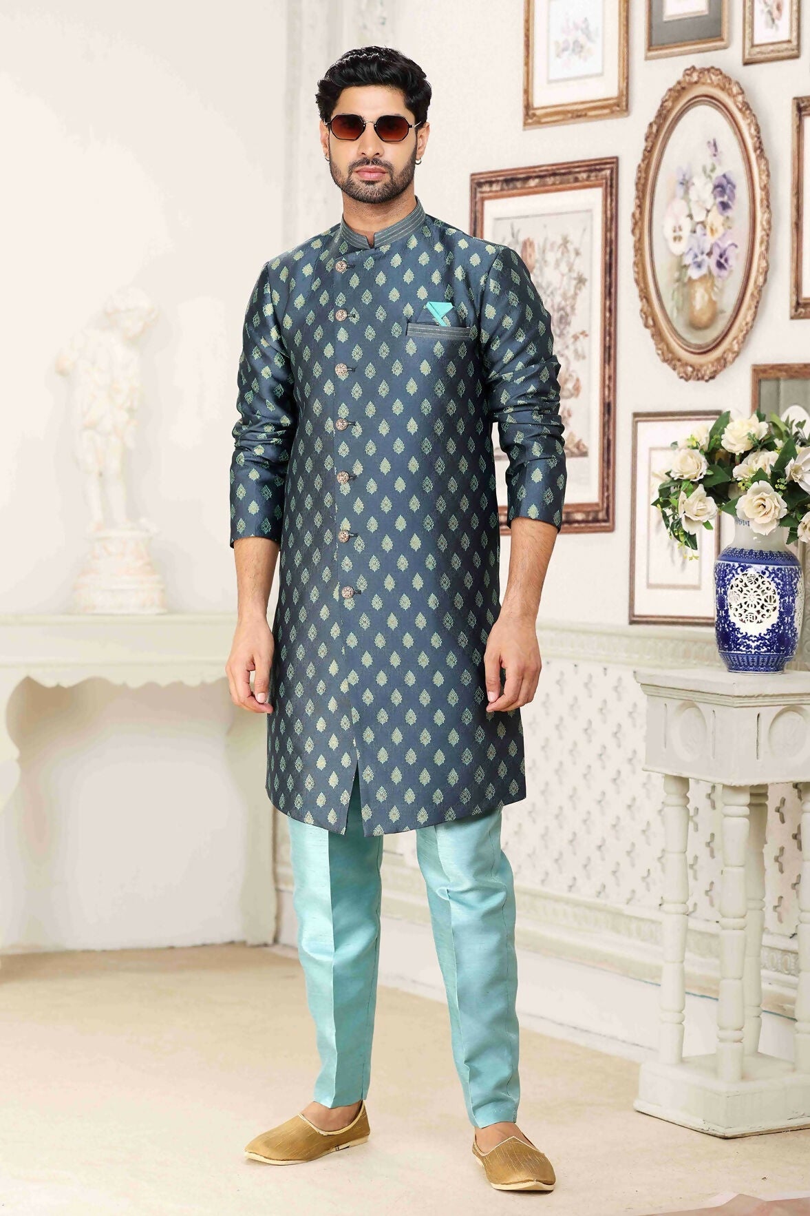Raivat Ethnic Banarasi Jacquard Embroidery Semi Indo Western Sherwani In Grey Blue Colour